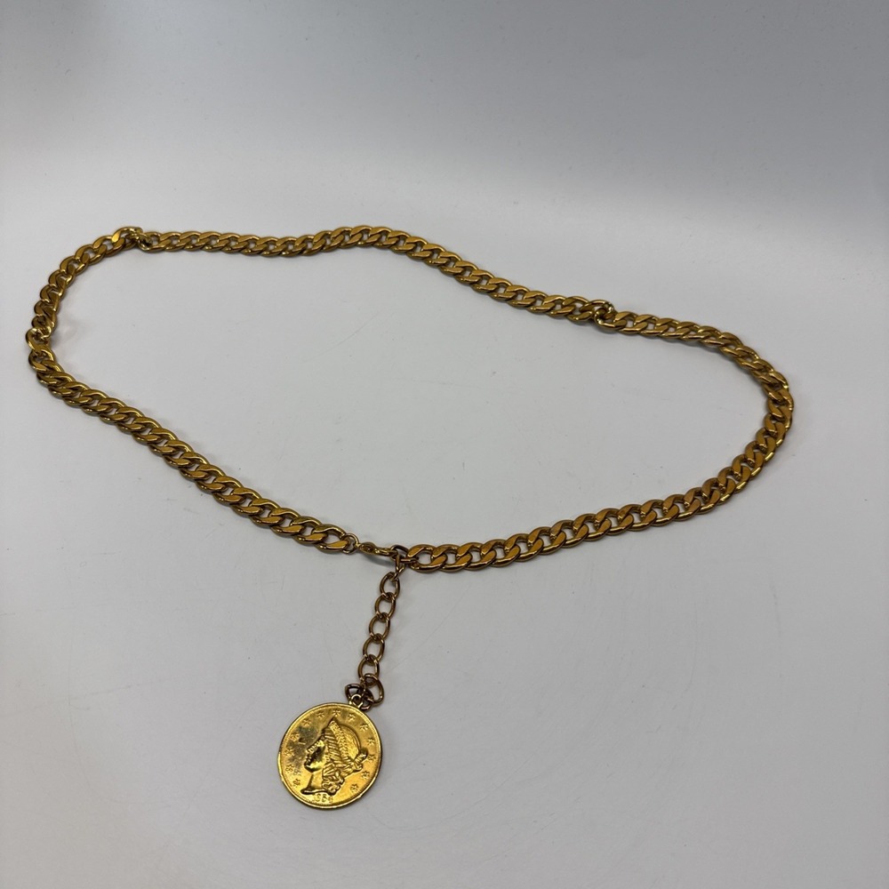 Vintage Liberty Coin Gold Tone Faux Penny Chain Belt‎ Links w/ Dangle Y2K Money